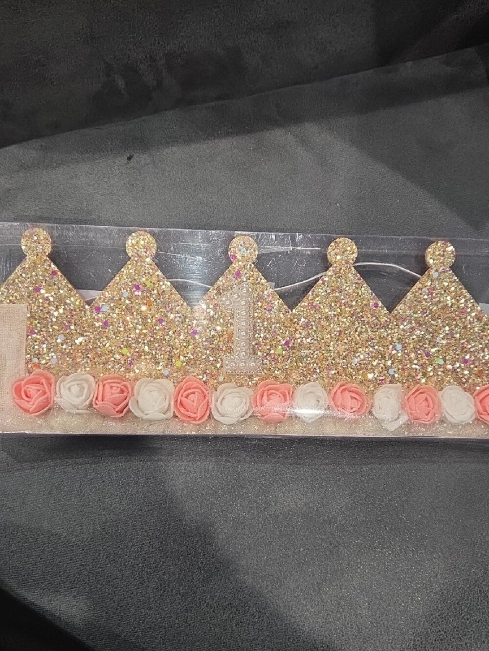 Glitter Pink First Birthday Princess Crown Headband - Picture 7 of 7